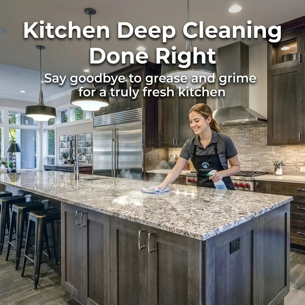 Professional performing deep kitchen cleaning on marble countertop in modern home. Spotless kitchen cleaning includes grease removal and appliance care.